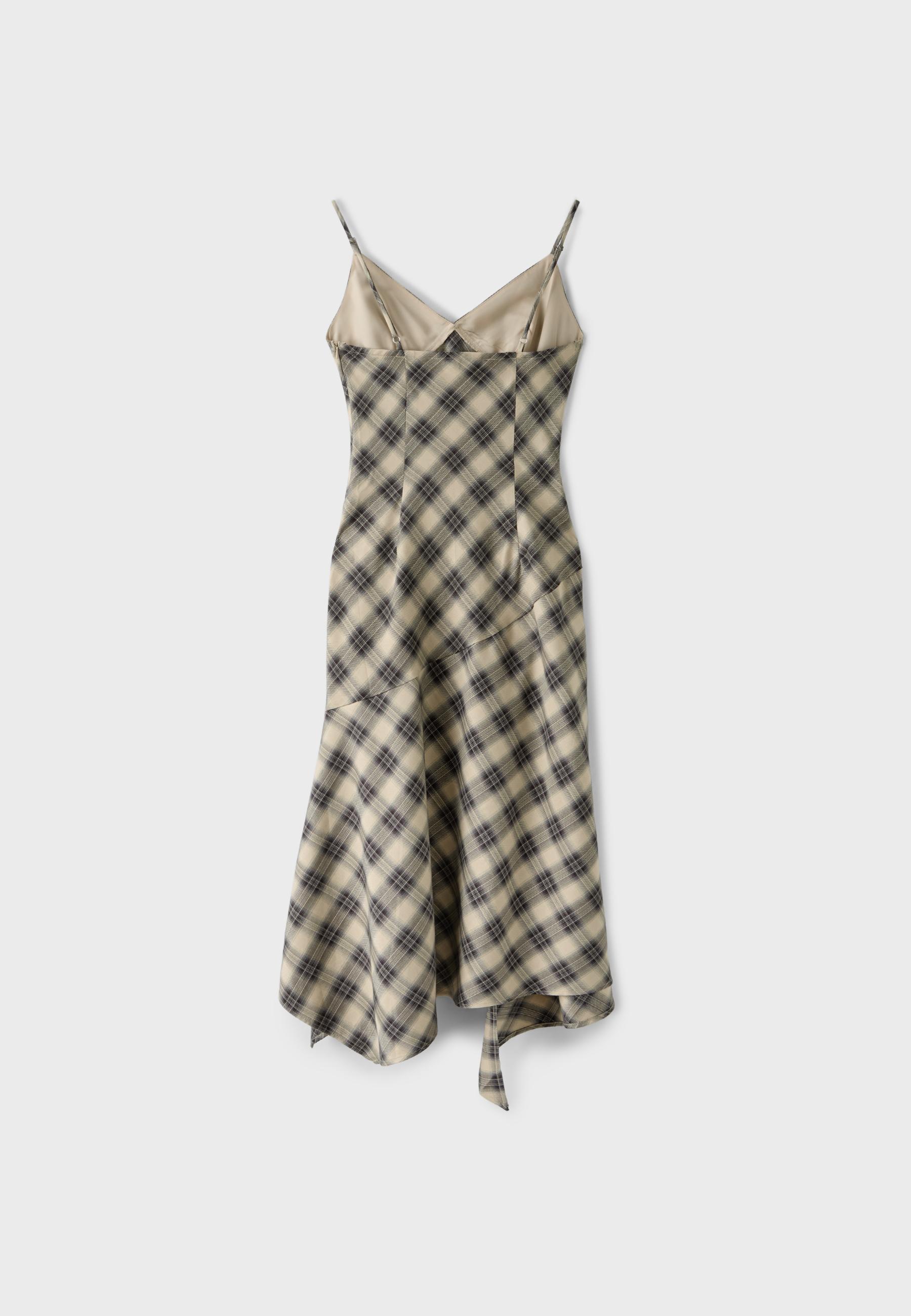 Asymmetric check print midi dress — Beige