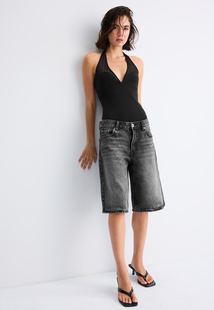 Stradivarius Κορμάκι Halter Από Τούλι Μαύρο Xl