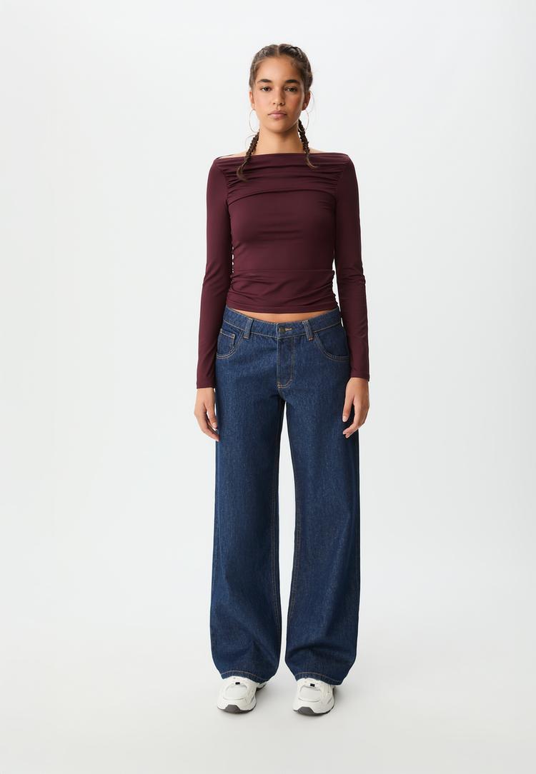 Stradivarius Tricou Cu Mânecă Lungă Și Încrețire Grena Xs