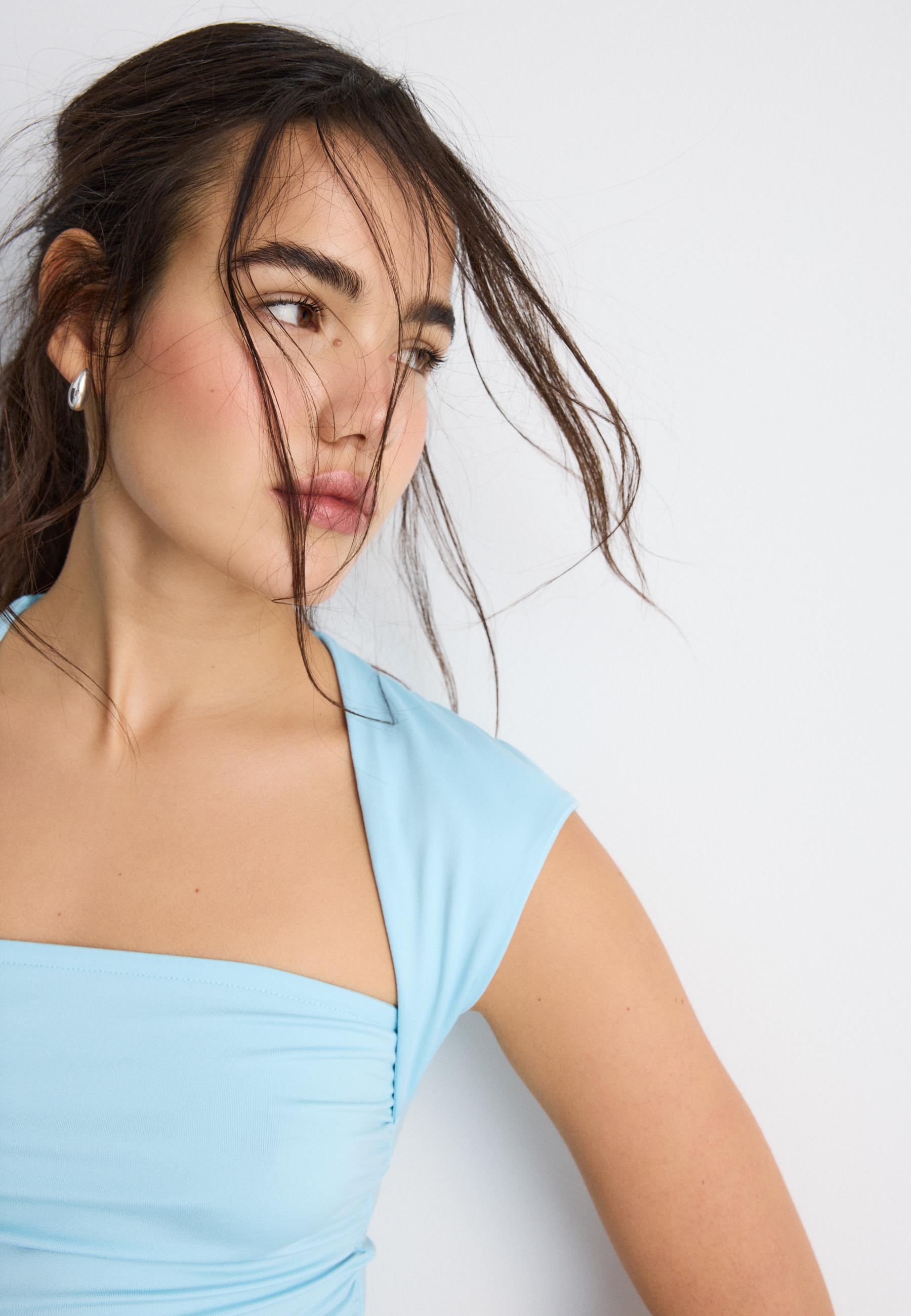 Polyamide Ruched Square Neck T-Shirt — Turquoise