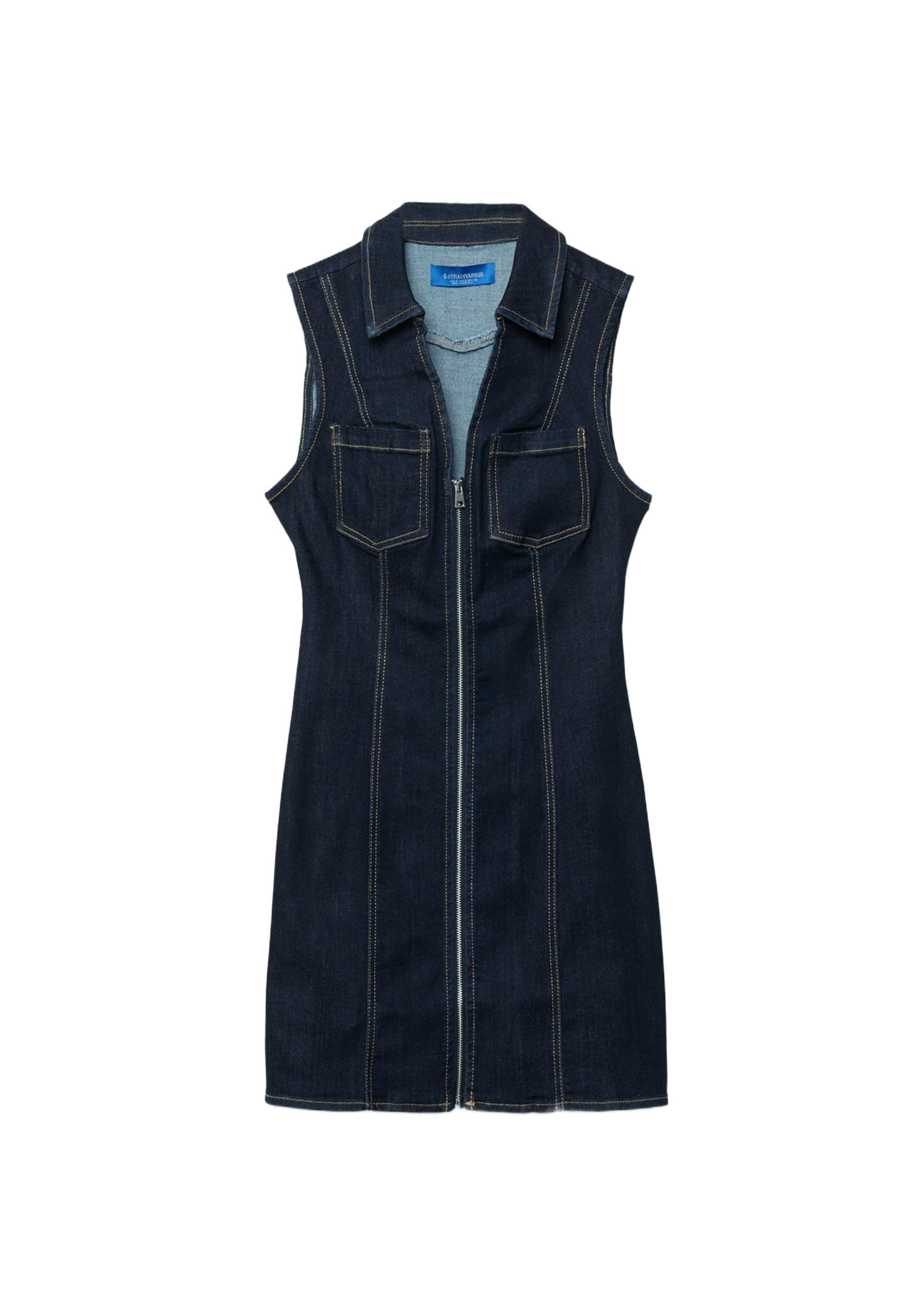 Short sleeveless denim dress with zip — OVERDYED BLUE DENIM
