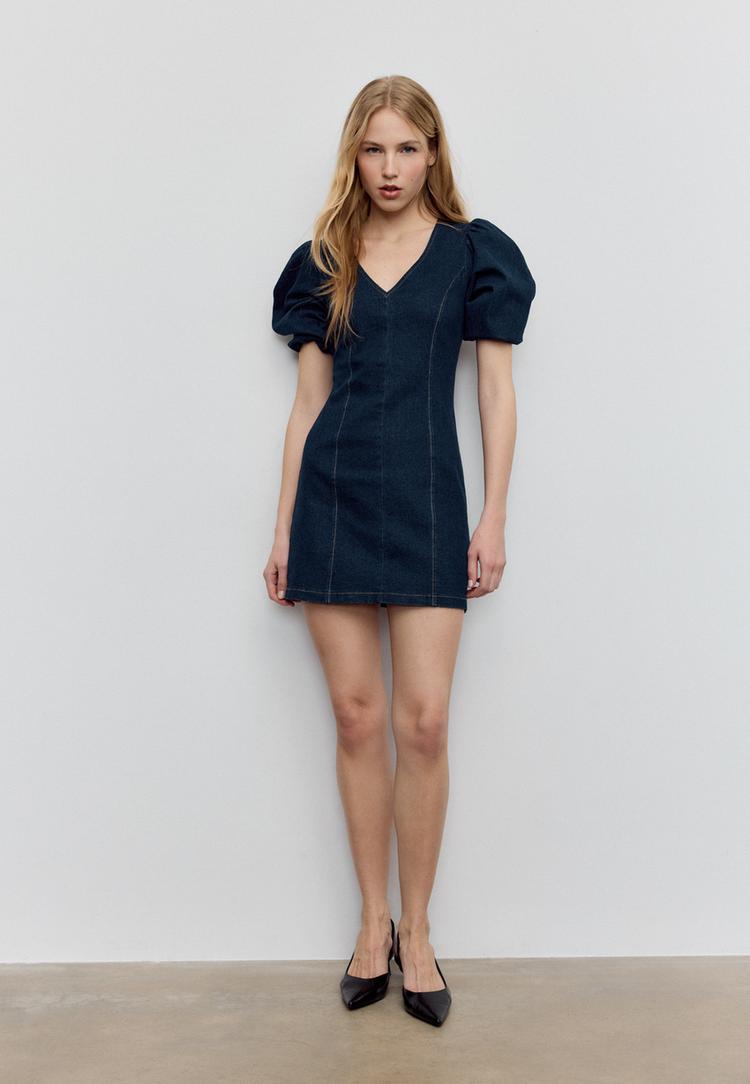 robe courte en jean a manches bouffantes