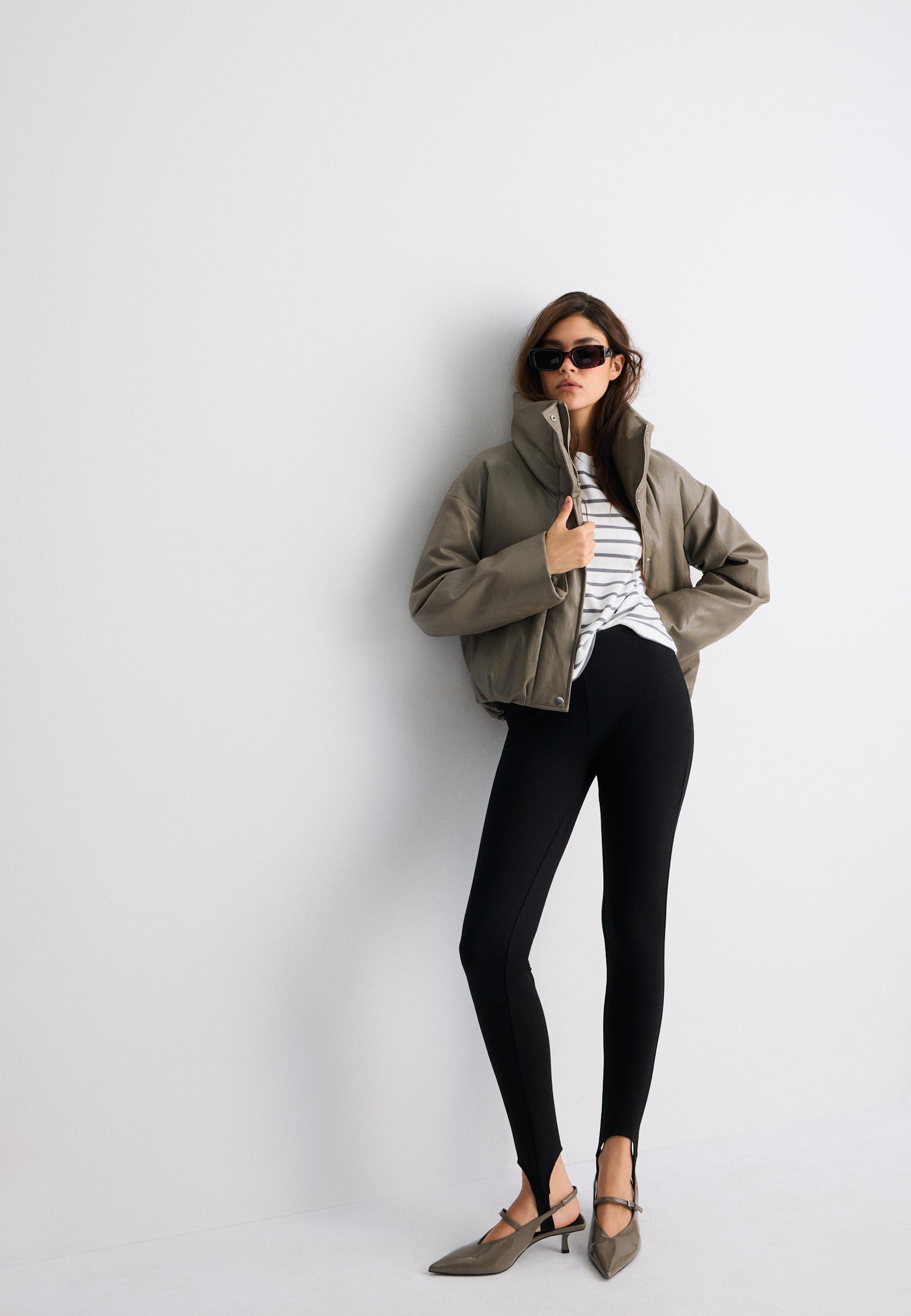 Leather effect high neck puffer jacket — Grey