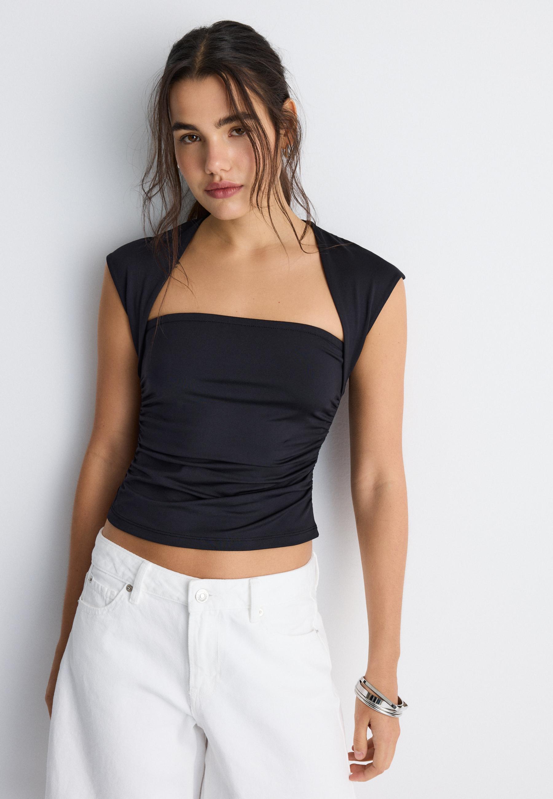 Polyamide Ruched Square Neck T-Shirt — Black