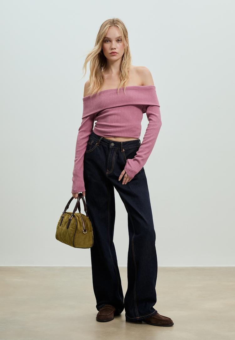 Stradivarius Τσάντα Bowling Από Κοτλέ Με Συνδυασμό Υλικών Λαδί Os φωτογραφία