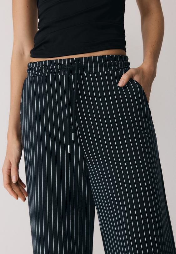 Stradivarius Soft-Touch Striped Palazzo Jogger Trousers Dark Grey S