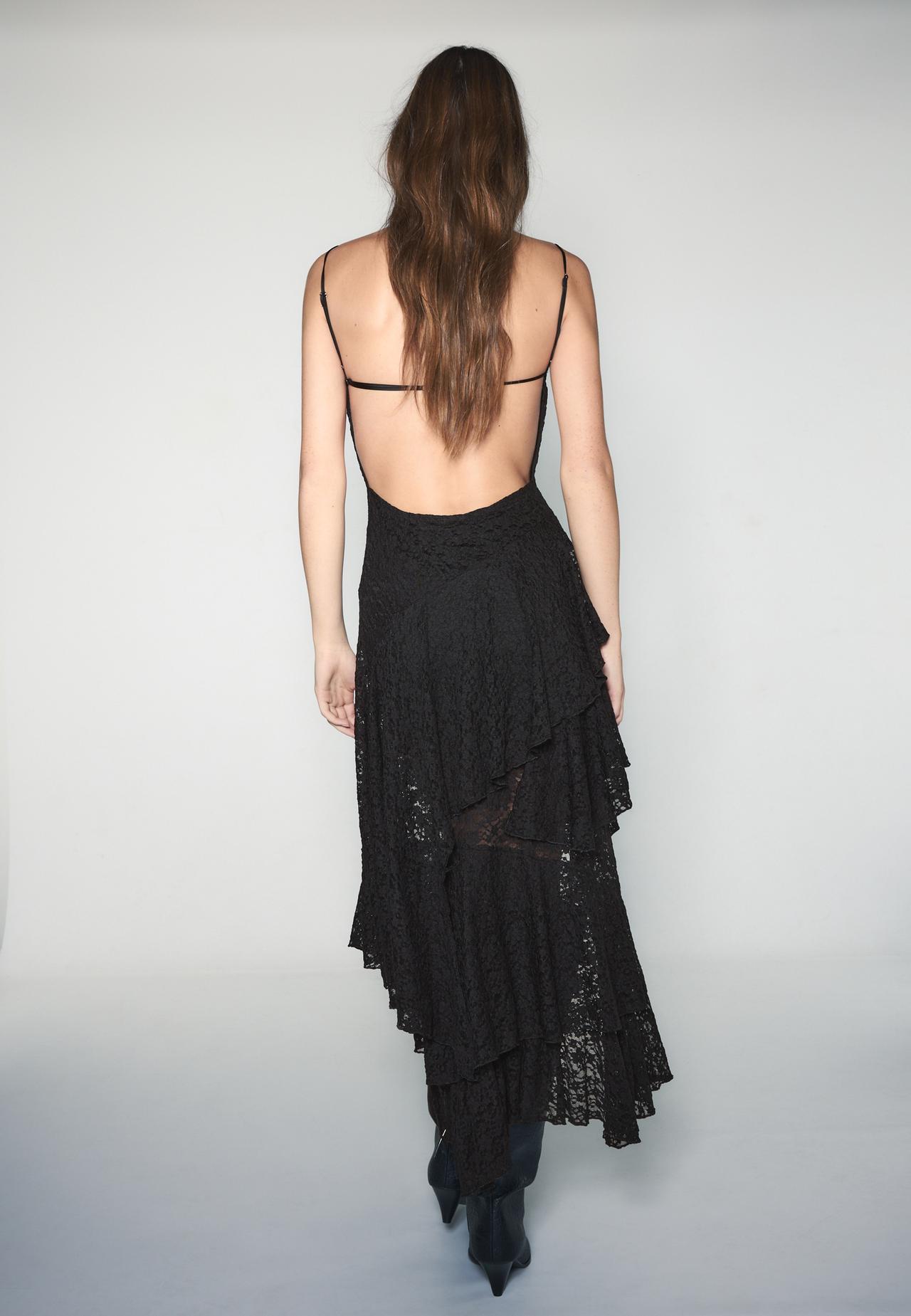 Asymmetric strappy lace dress — Black