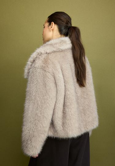 Basic high neck faux fur jacket — Stone 5