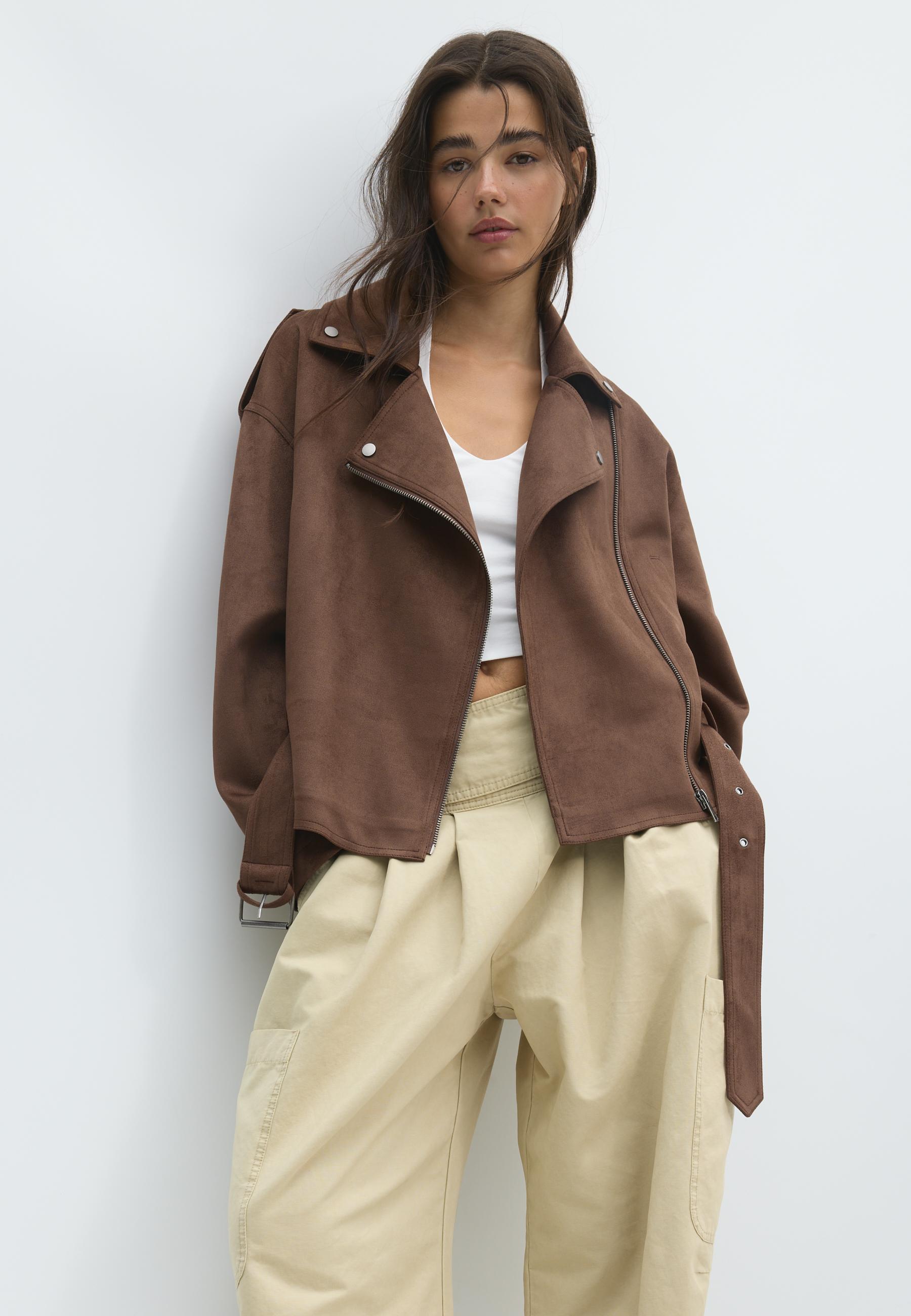 Biker jacket with belt — Brown