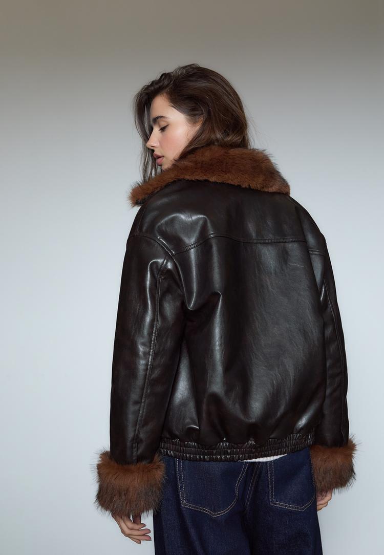 leather effect padded jacket with faux fur details