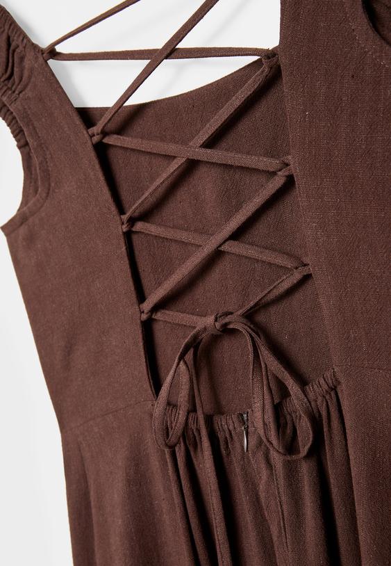 Keten görünümlü çapraz sırtlı midi elbise - Görsel 9