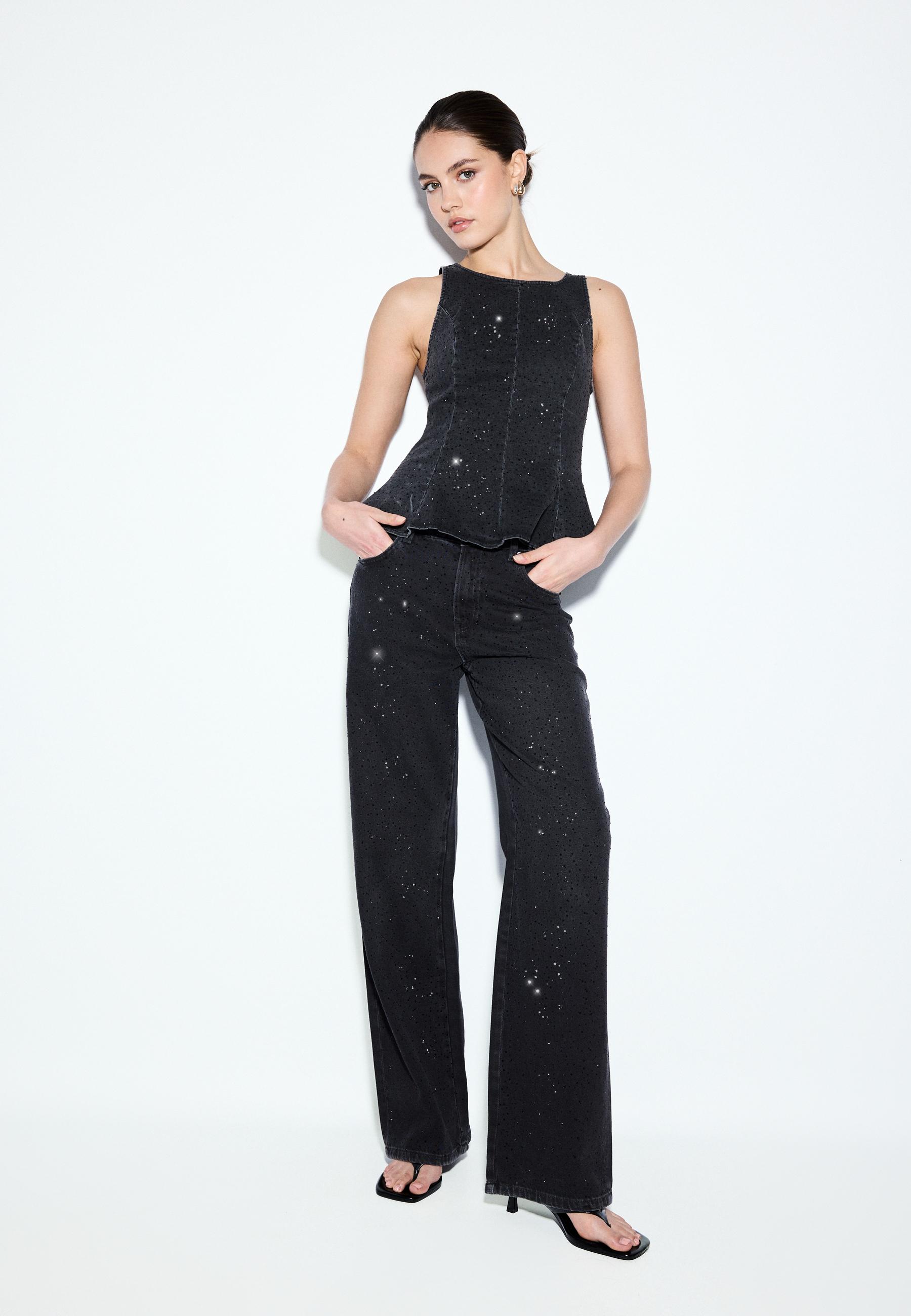Straight-fit jeans with rhinestones