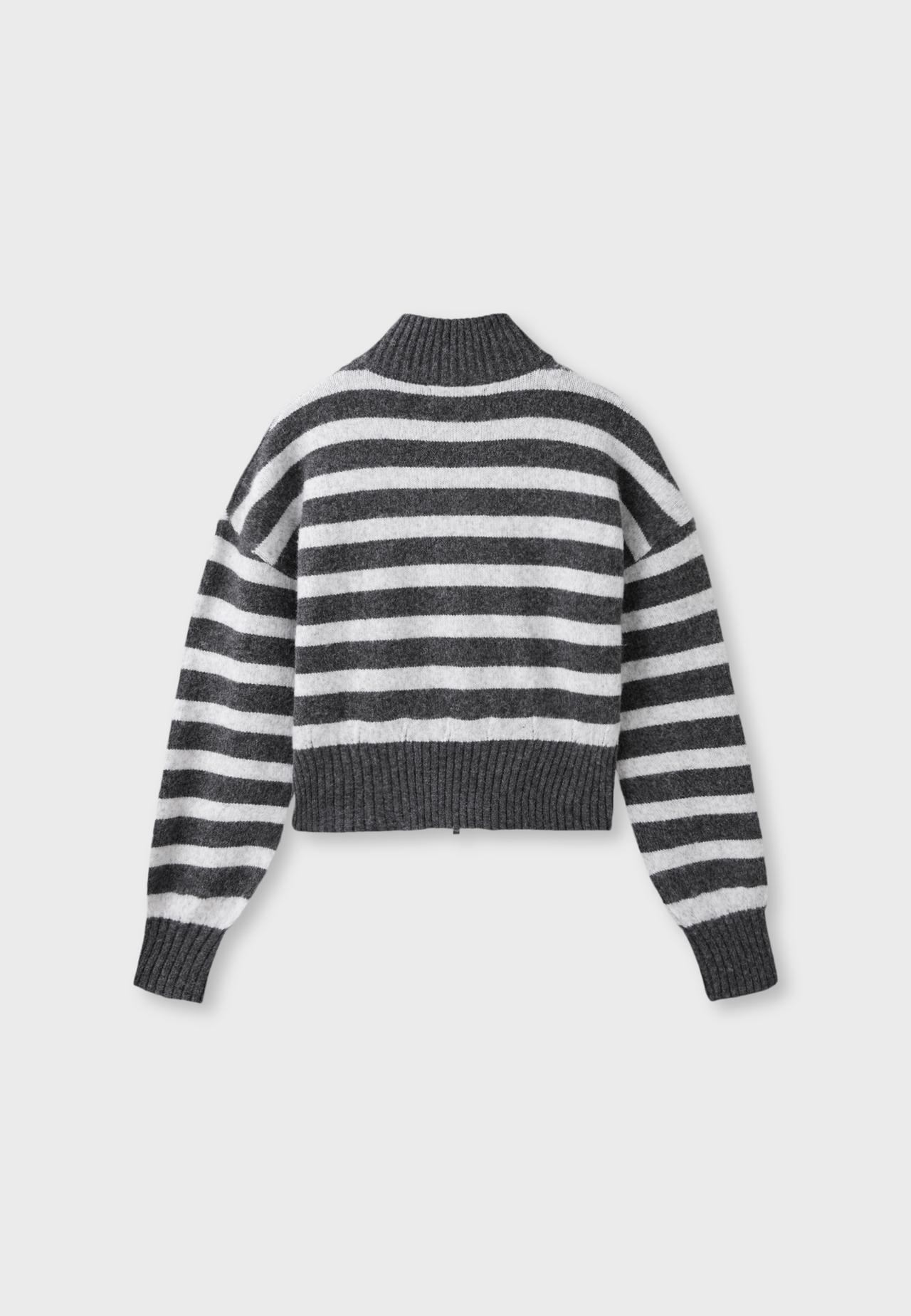 Striped zip-up knit cardigan — Dark grey