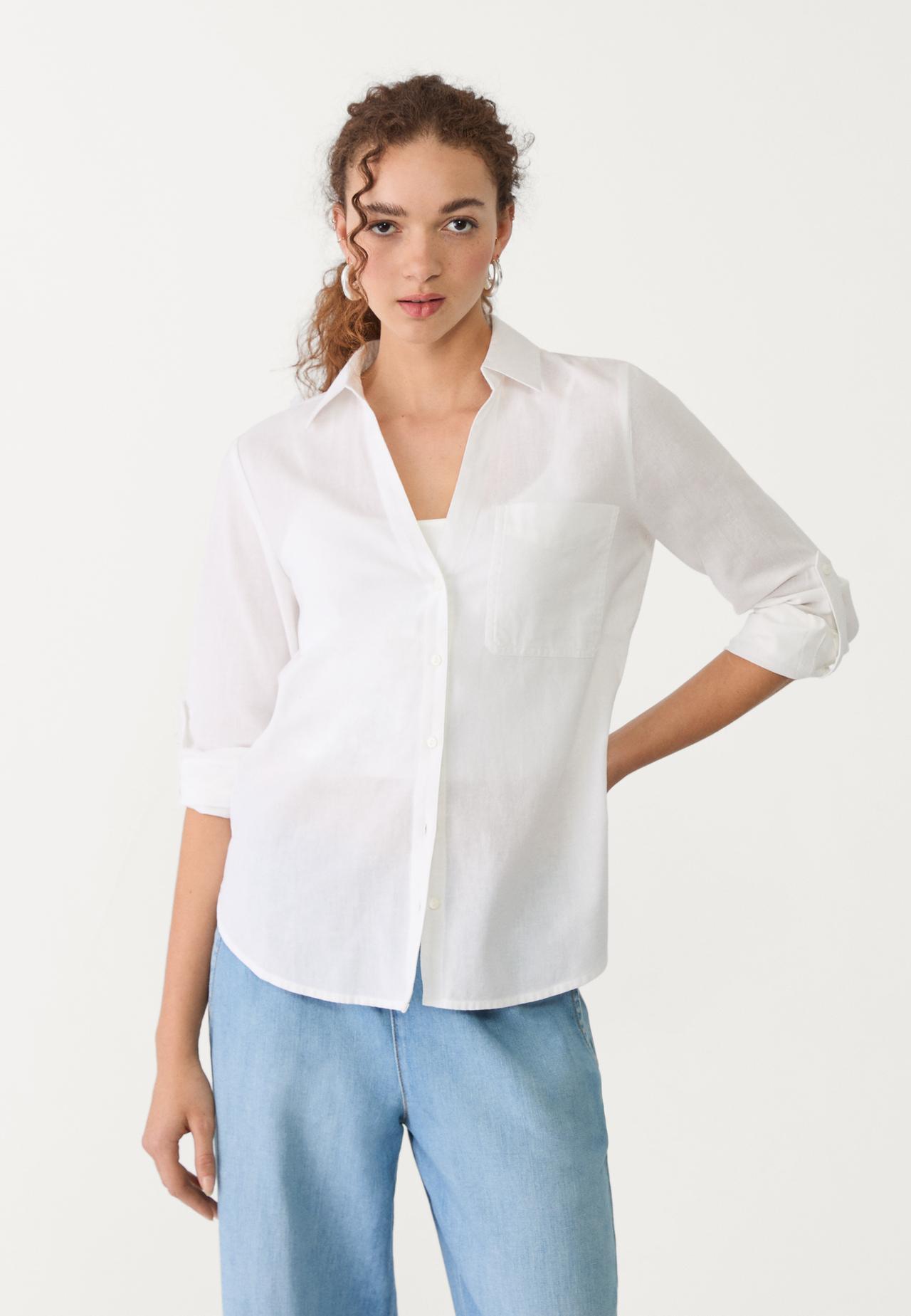 Linen blend shirt with pocket — White