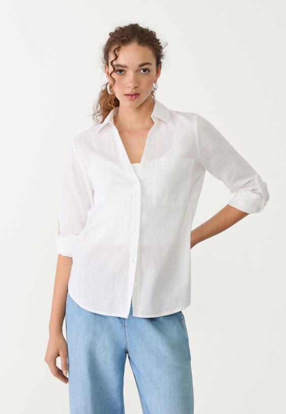 Stradivarius Loose Linen-Blend Shirt With A Pocket White Xl