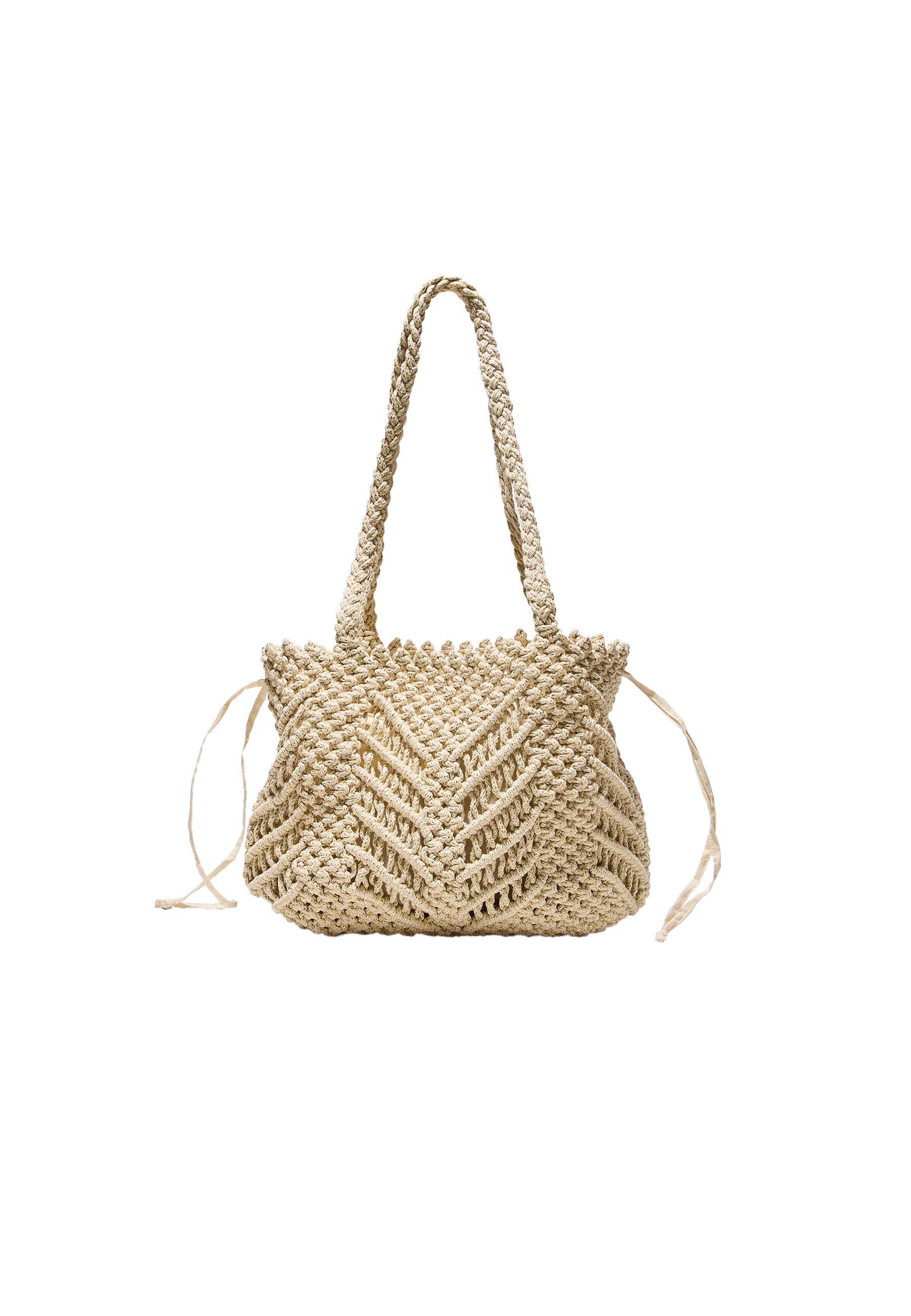 Metallic thread crochet shopper bag — Ecru