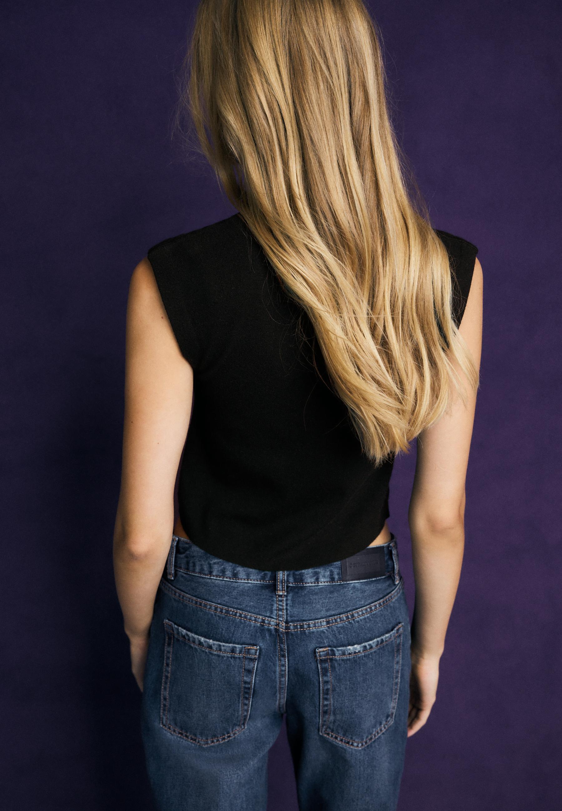 Stand collar knit top — Black