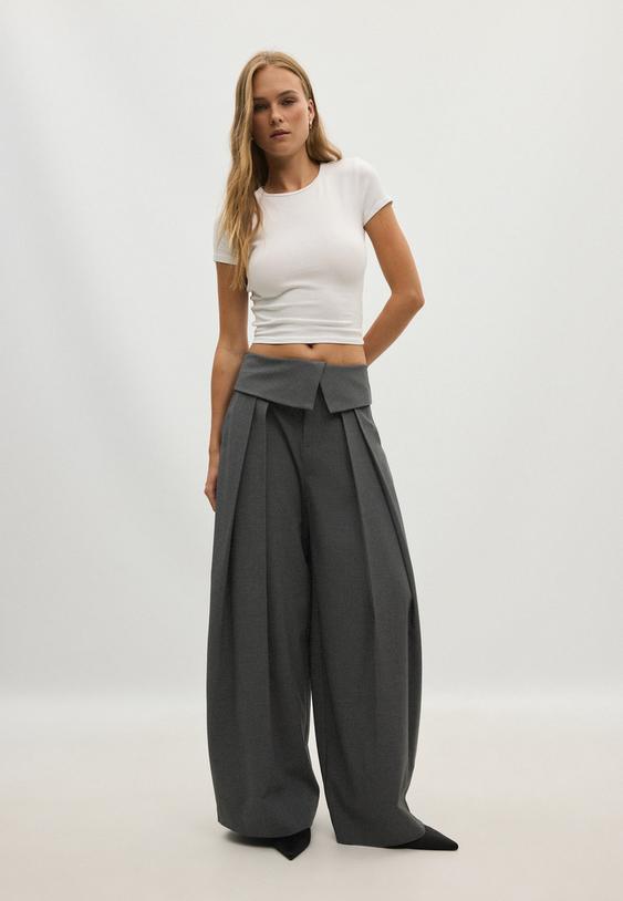 Stradivarius Folded Waistband Wide-Leg Trousers Dark Grey 14