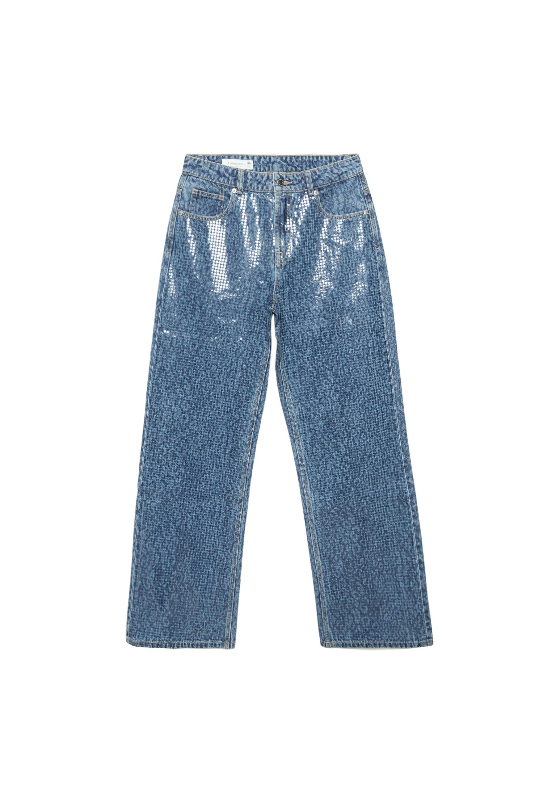 Leopard print straight-leg jeans with rhinestones — MEDIUM BLUE DENIM