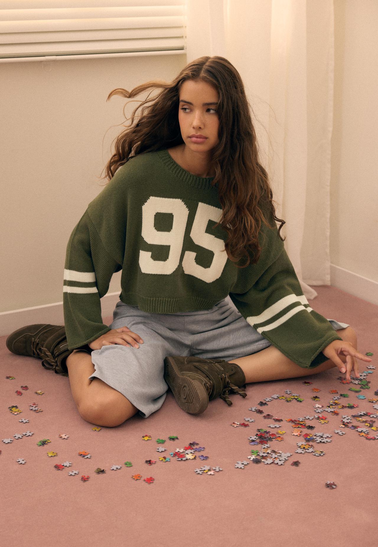 Number cropped knit jumper — Khaki