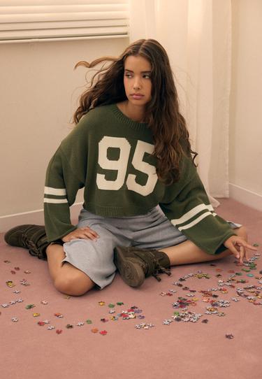 Number cropped knit jumper — Khaki 1