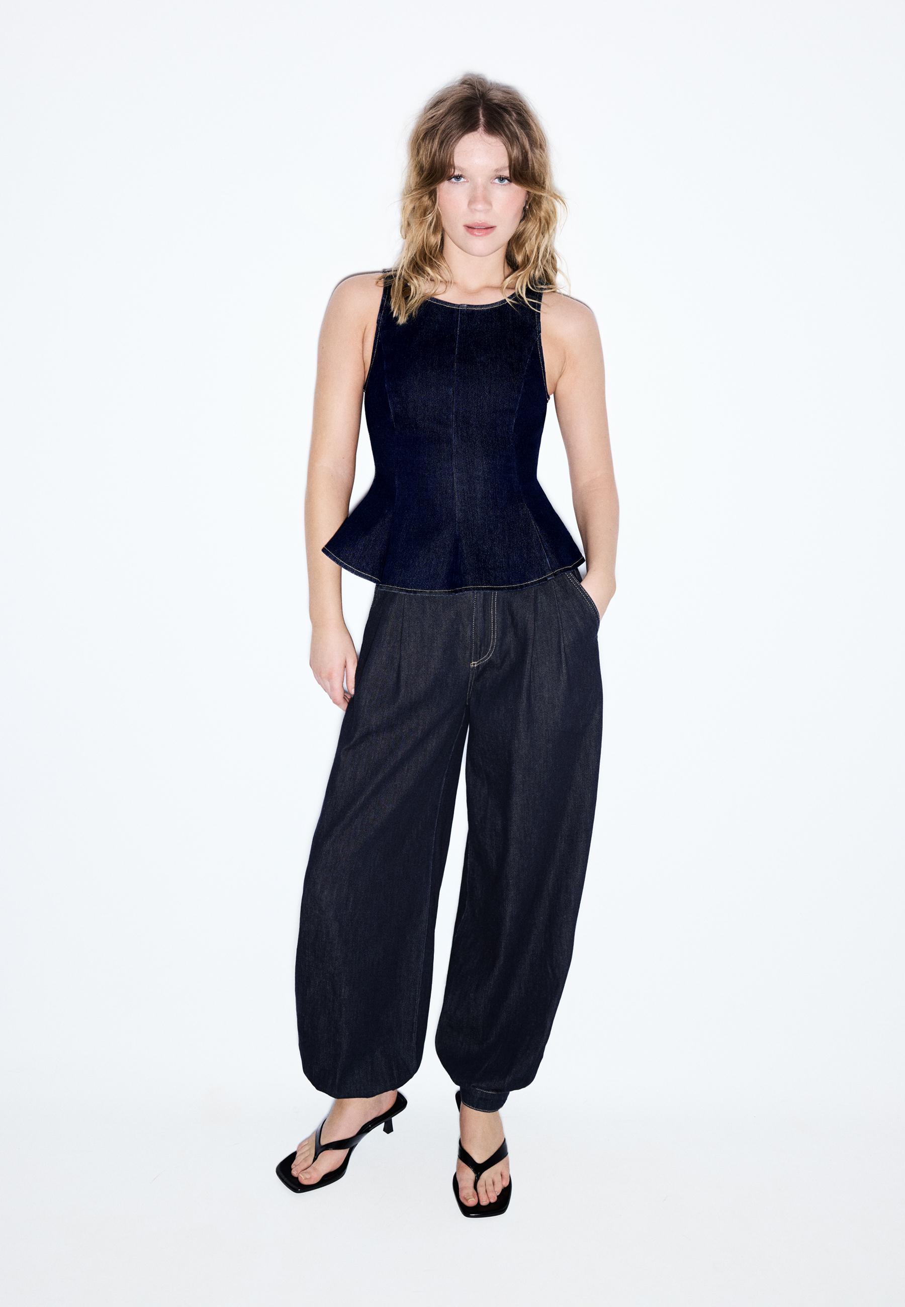 Kolsuz denim peplum top - Görsel 3