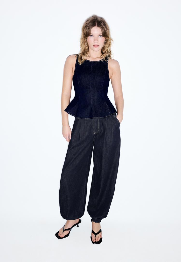Stradivarius Αμάνικο Τζιν Τοπ Peplum Πολύ Σκούρο Μπλε/Αποκολλαρισμένο Xs