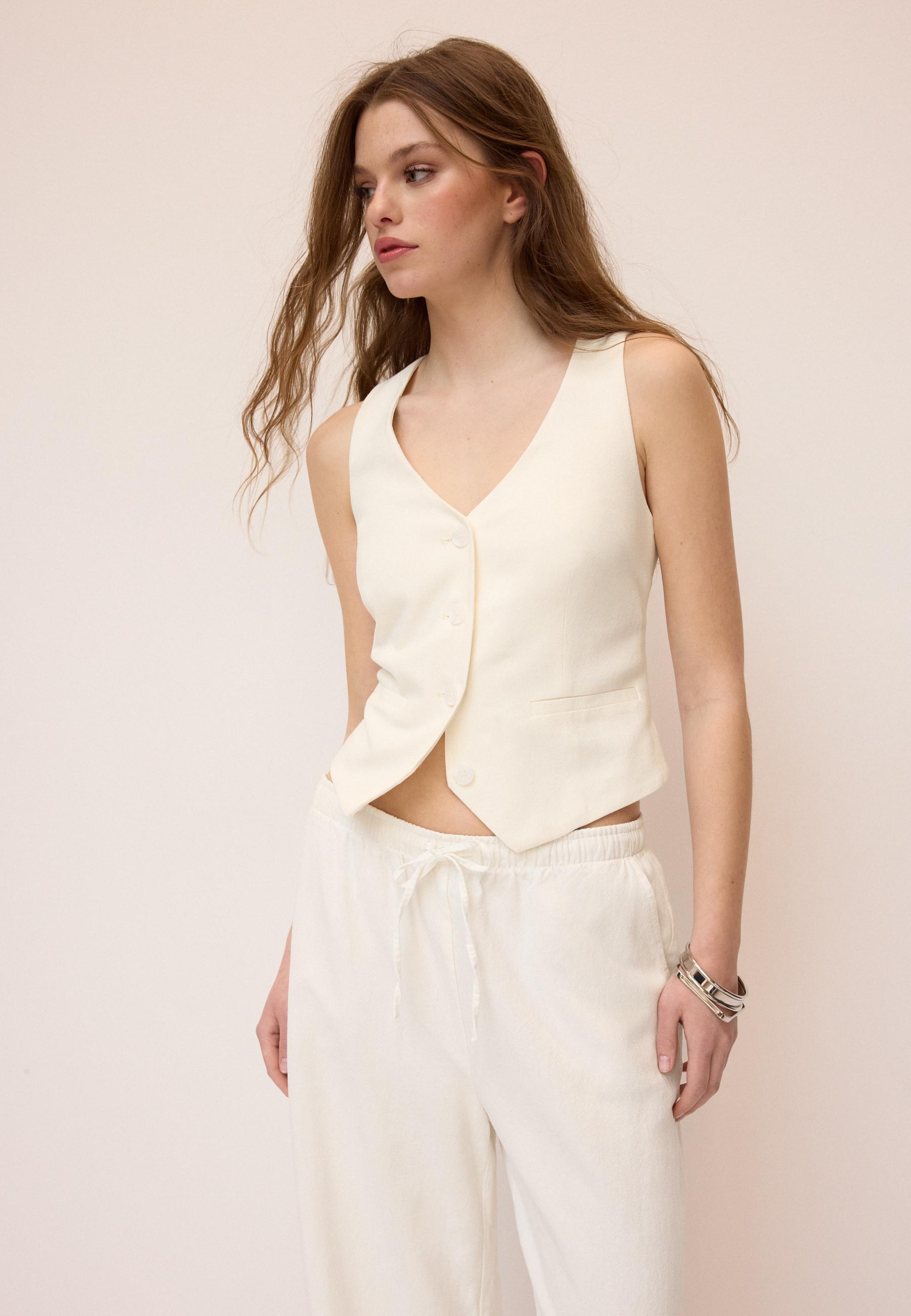 Basic linen blend waistcoat — White