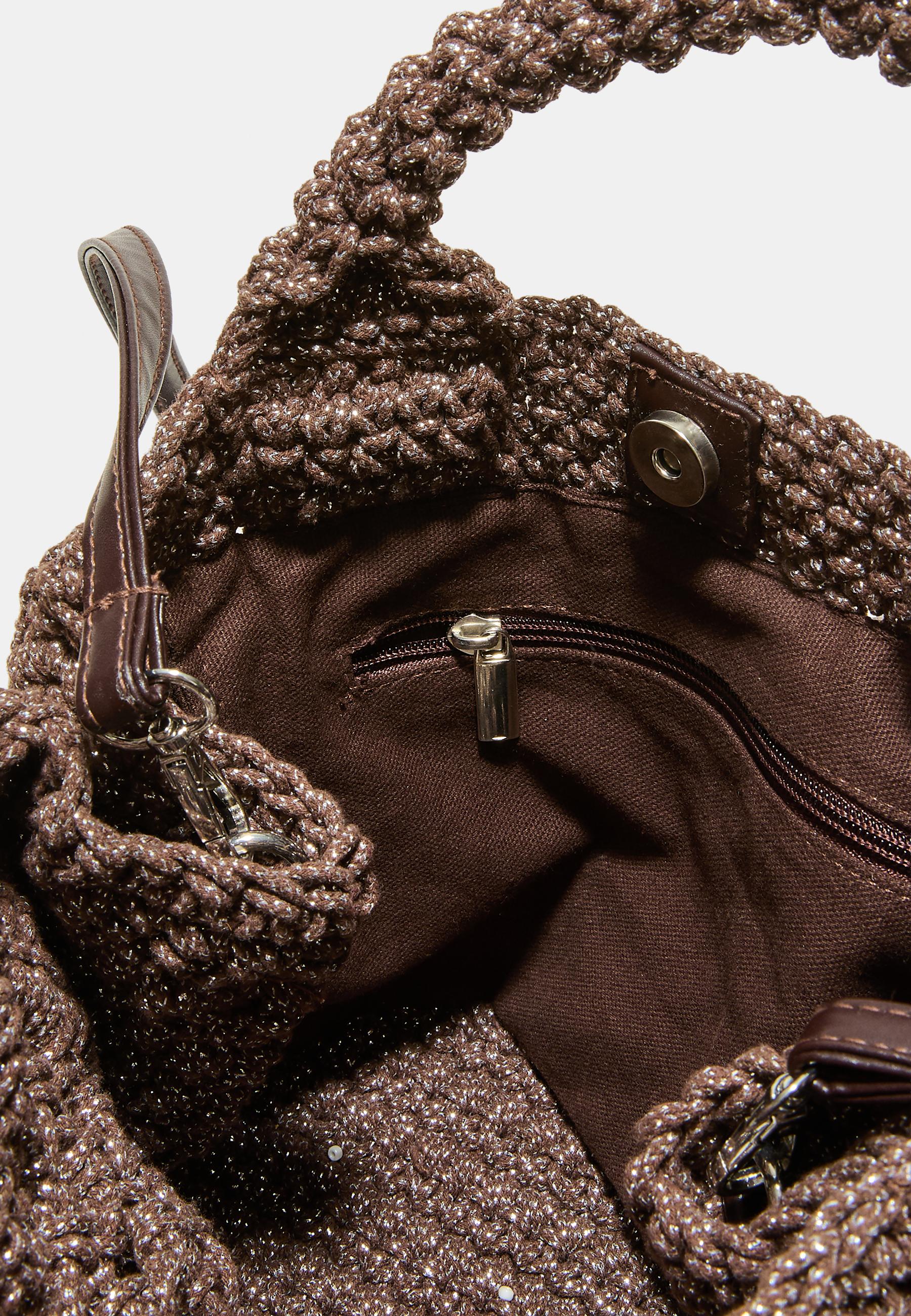 Metallic yarn crochet tote bag — Brown