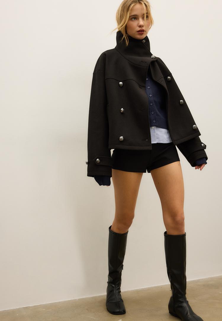 Jacke im Wickel-Look mit Stehkragen und weichem Griff Schwarz M