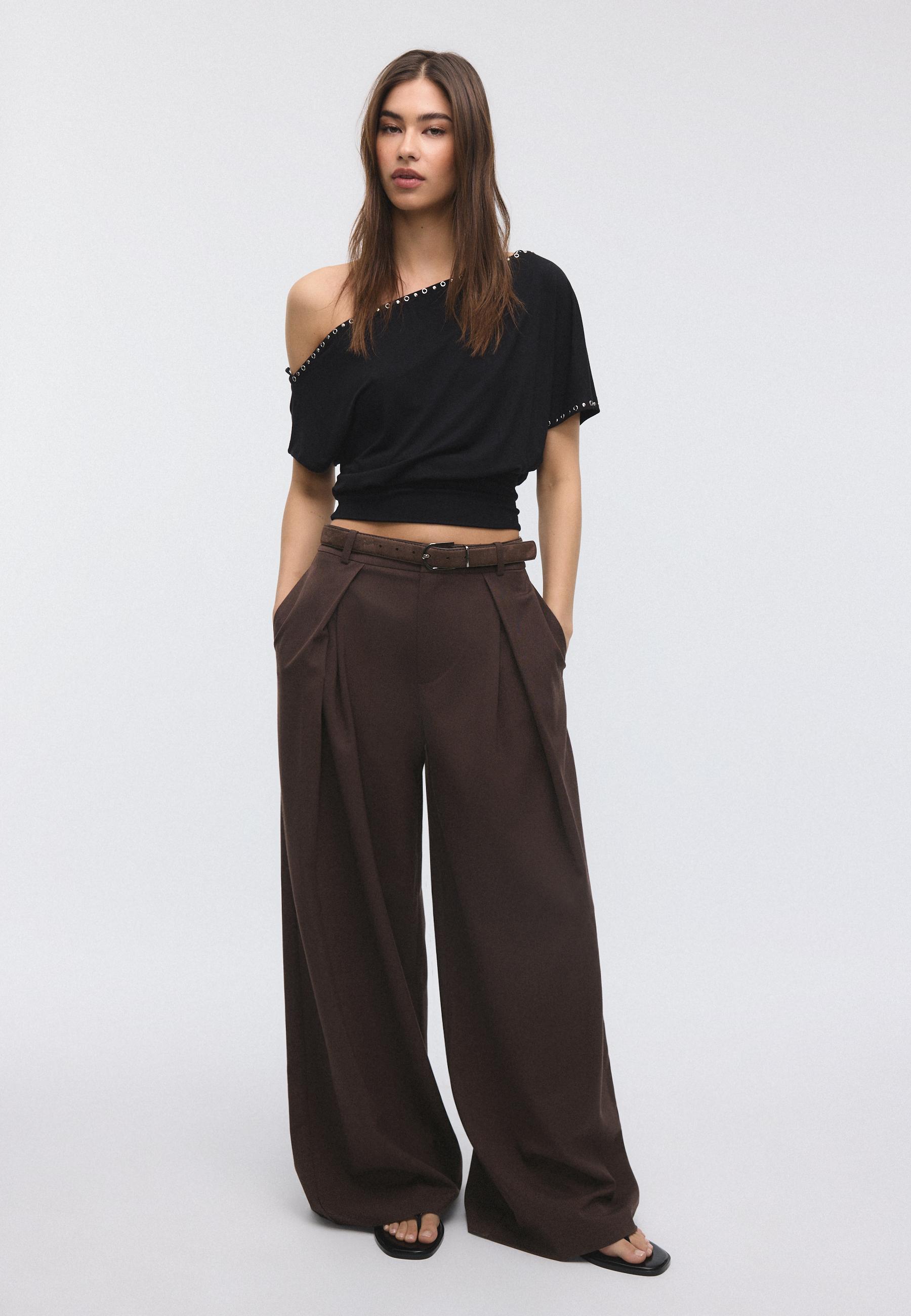 Stradivarius Παντελόνι Maxi Πιέτα Με Ζώνη Καφέ 44