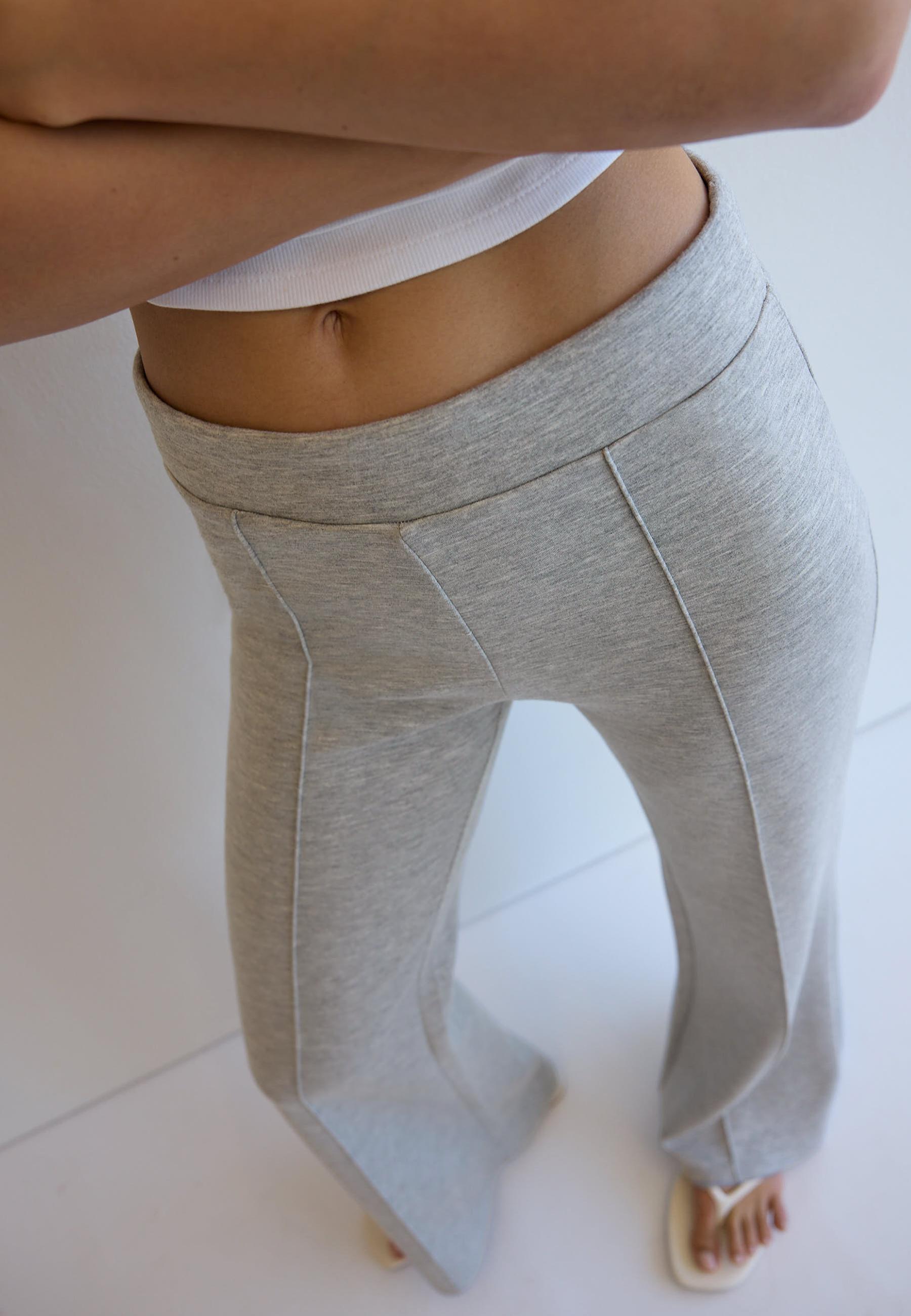Soft-touch bell bottom trousers with front seam detail — Grey melange