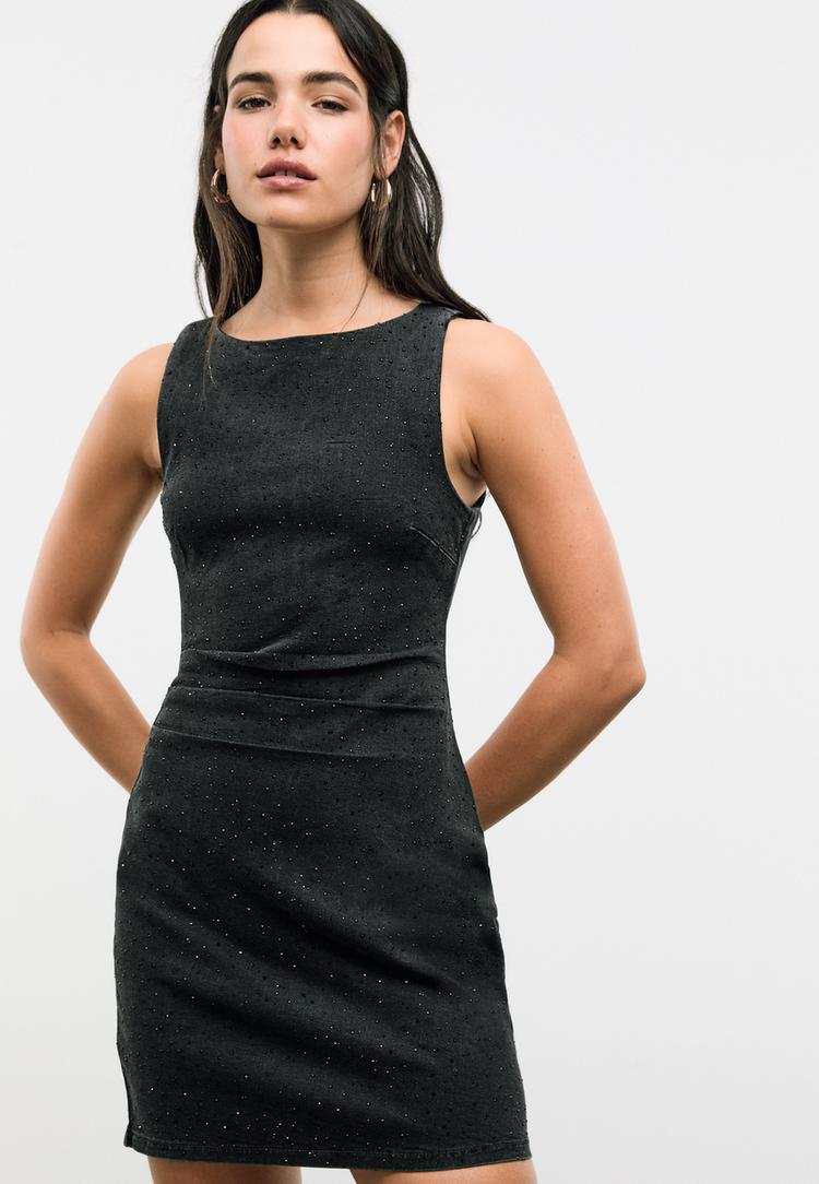 vestido curto ganga com brilho