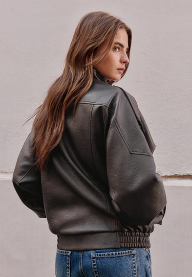 Oversize leather effect biker jacket — Brown 5