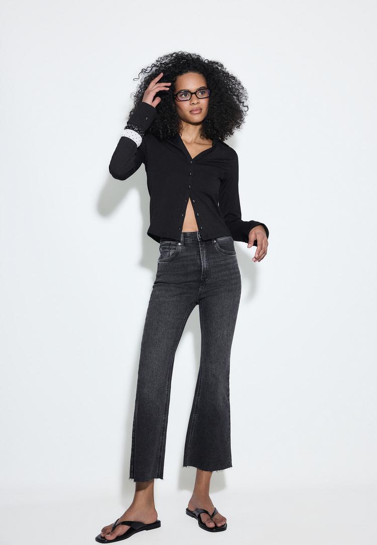 Stradivarius D78 Cropped Τζιν Καμπάνα Σκούρο Μαύρο 34