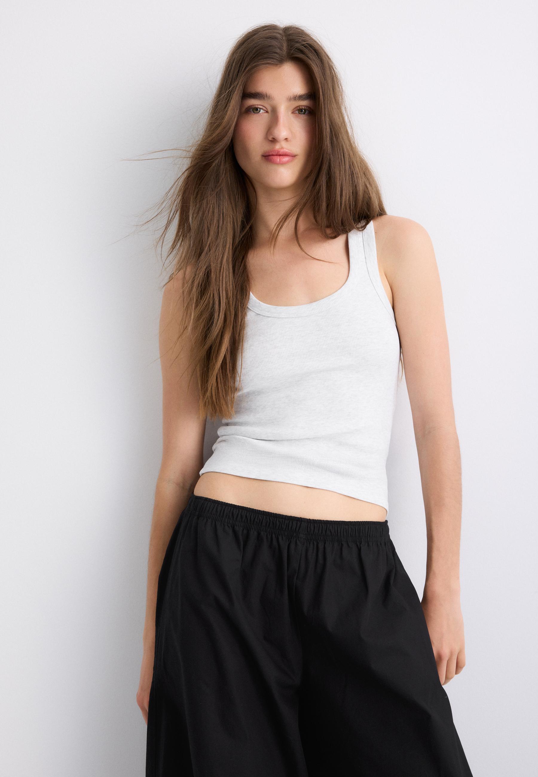 Ribbed cotton racerback top — Grey melange