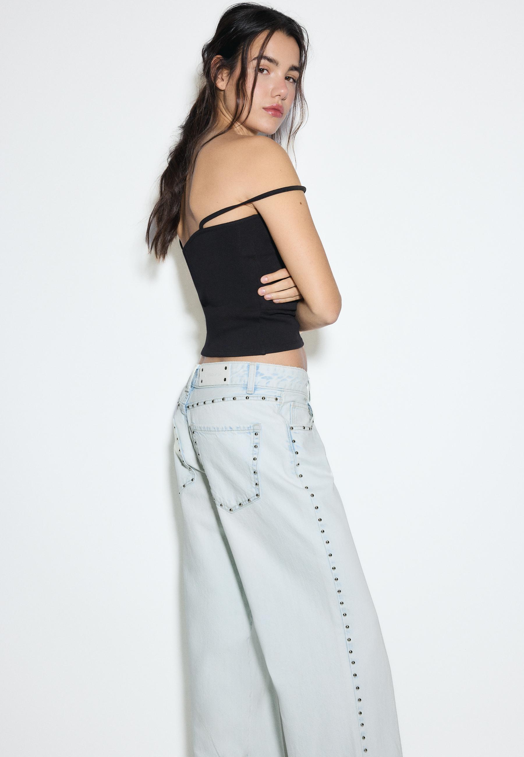 Wide-leg loose studded jeans — MEDIUM LIGHT BLUE DENIM