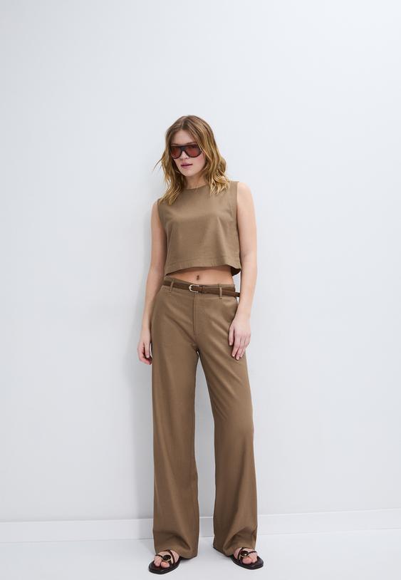 Stradivarius Top Dos Nageur Effet Lin Marron Xs