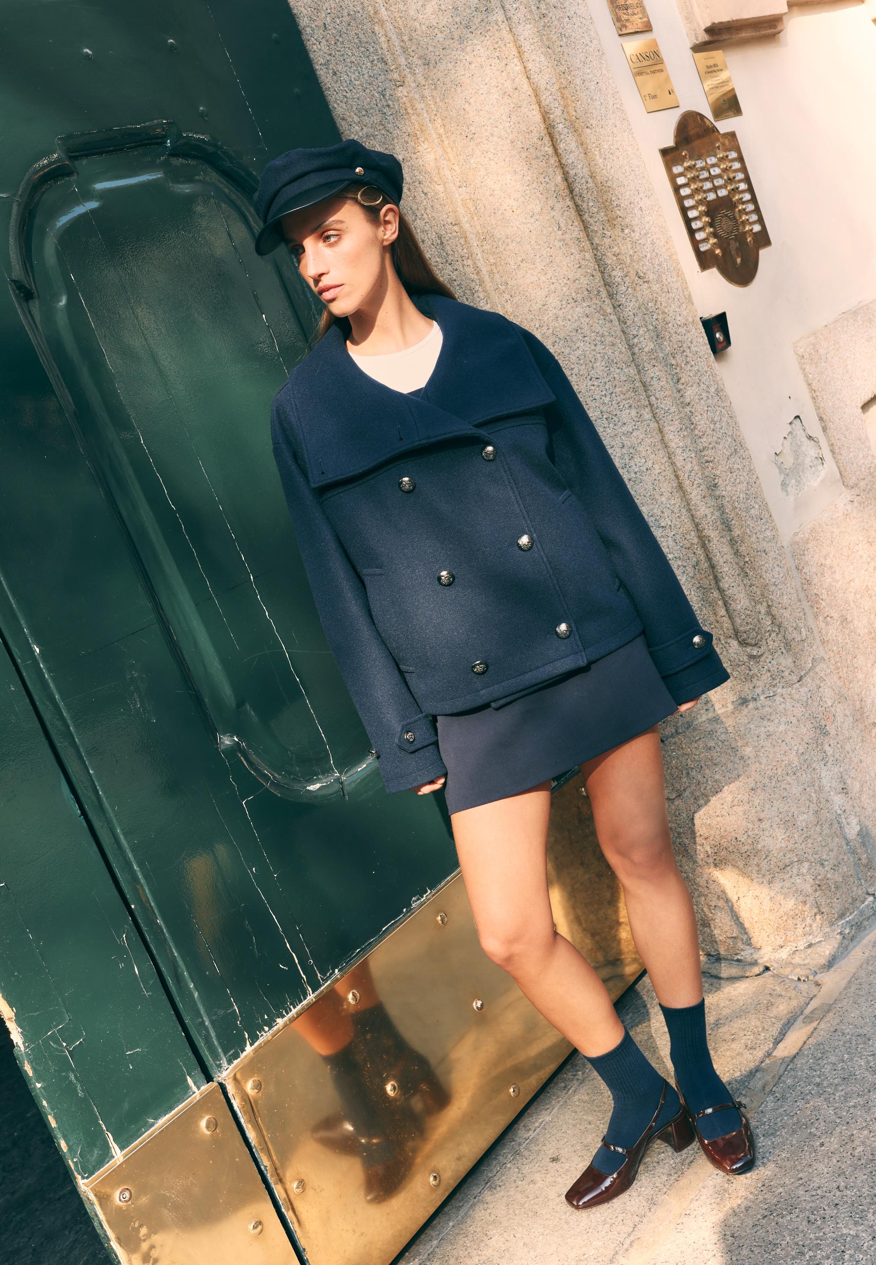 Soft-touch crossover high neck jacket — Navy blue