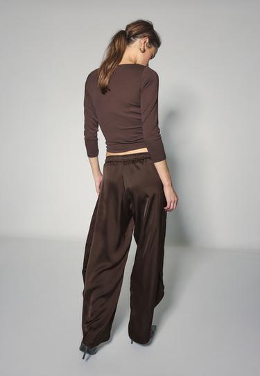 Satin trousers with split — Brown 5