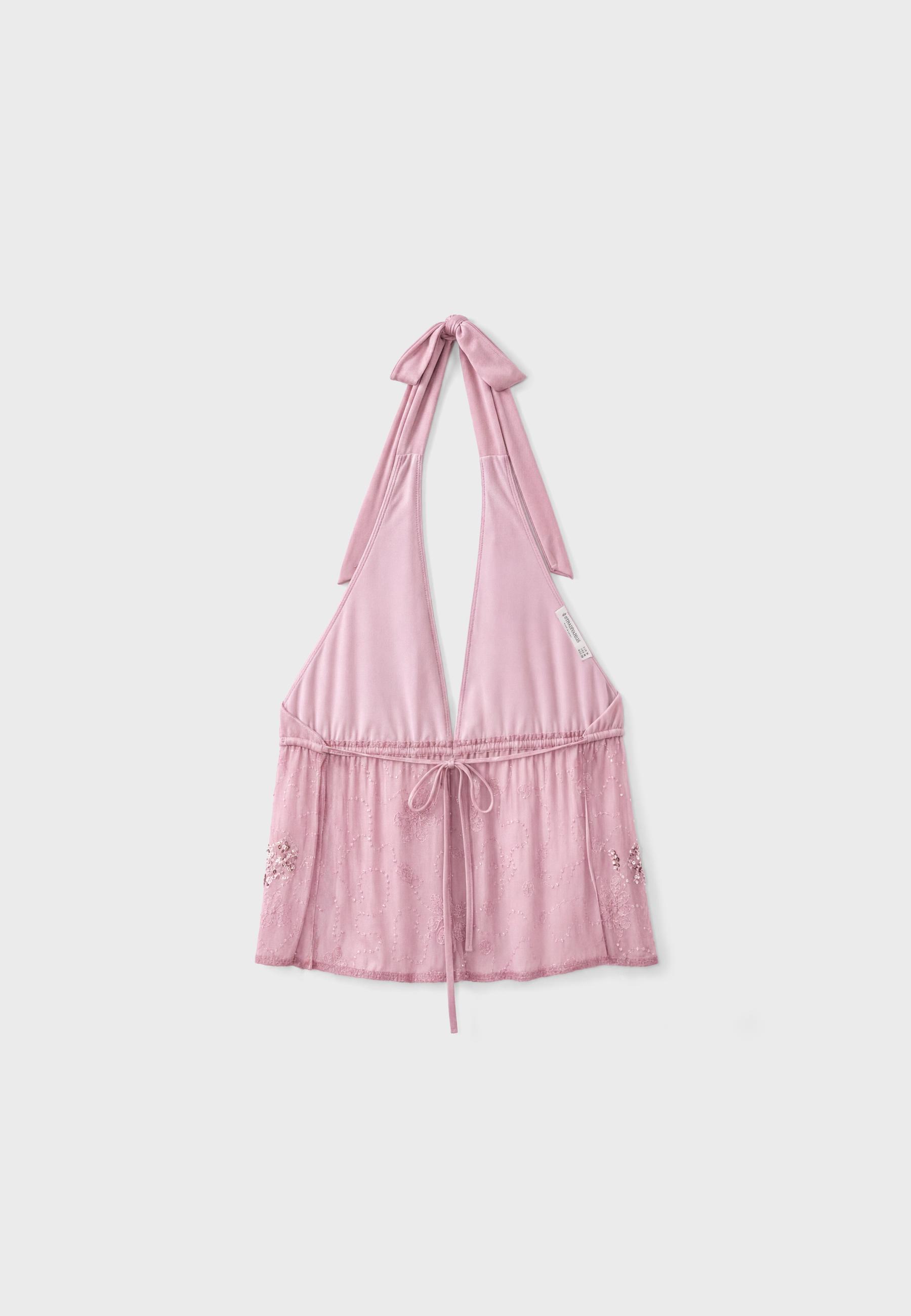 Embroidered halter top with rhinestones — Salmon pink