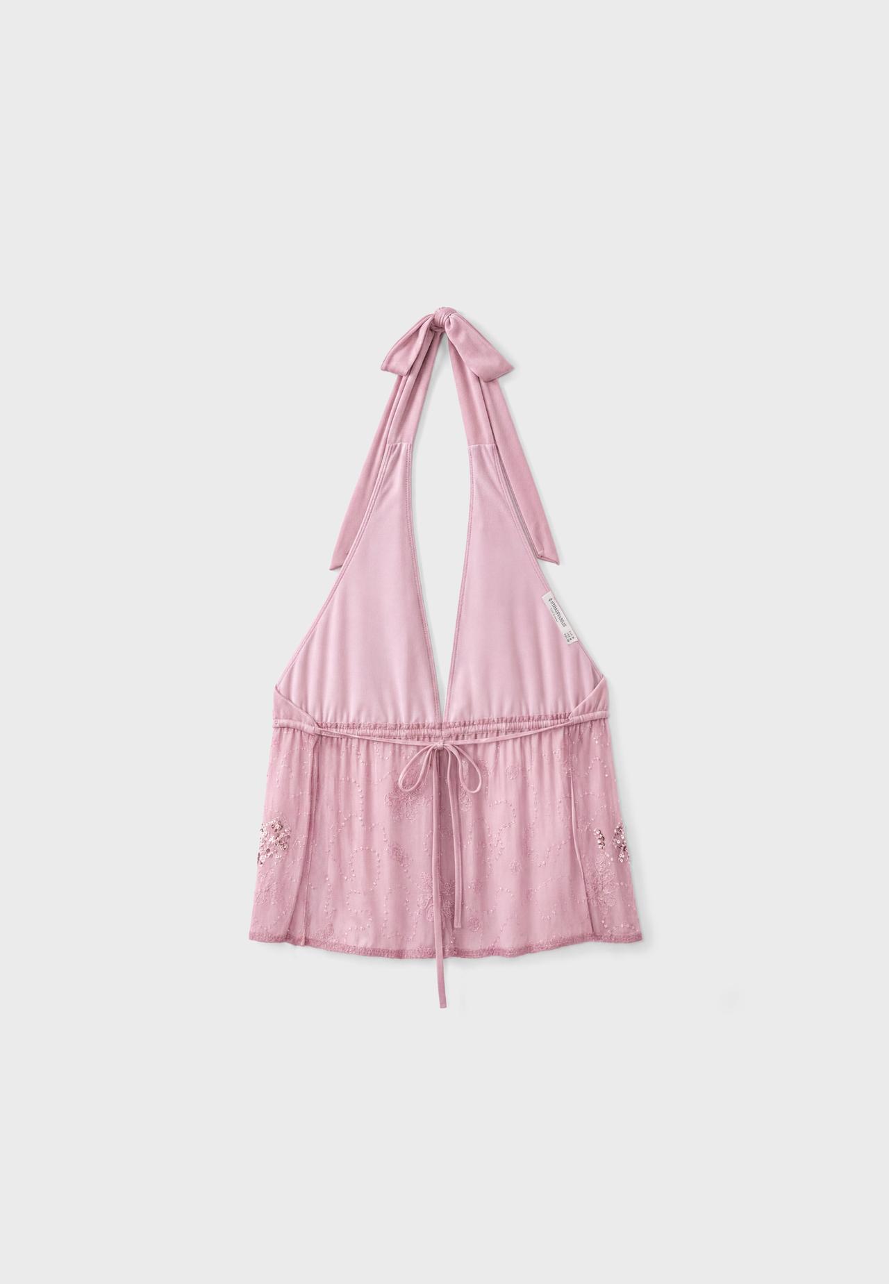 Rhinestone embroidered halter top — Salmon pink