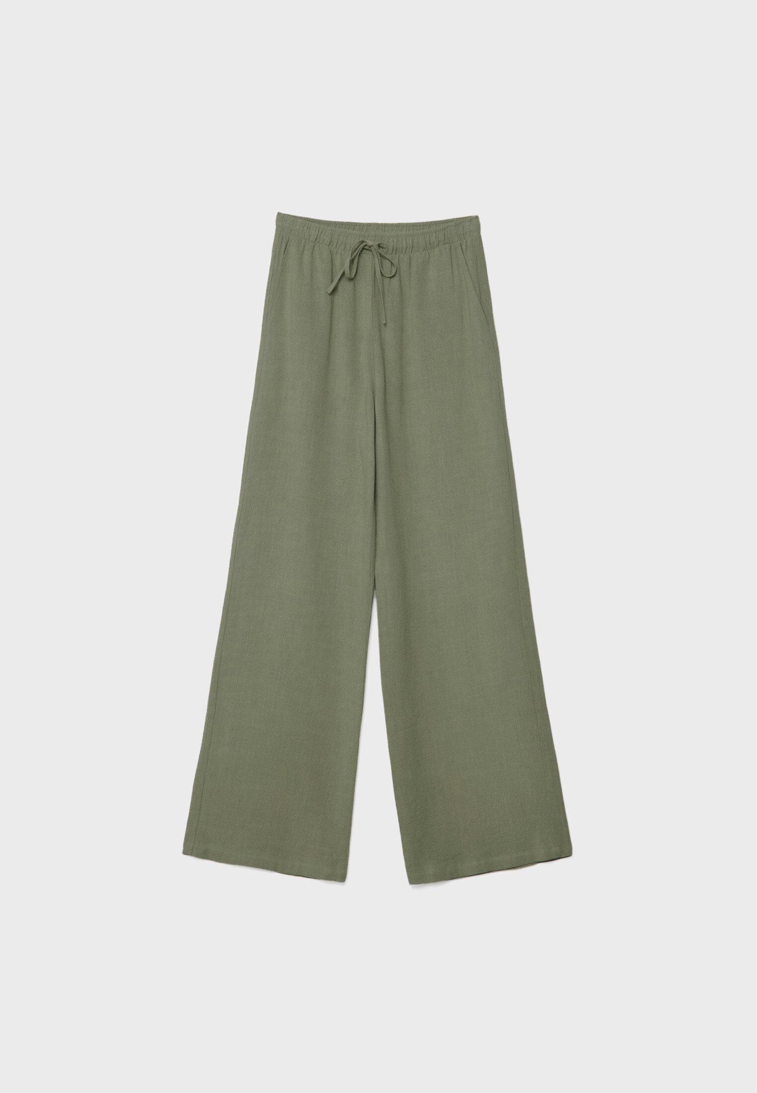 Straight-leg linen-look trousers — Khaki