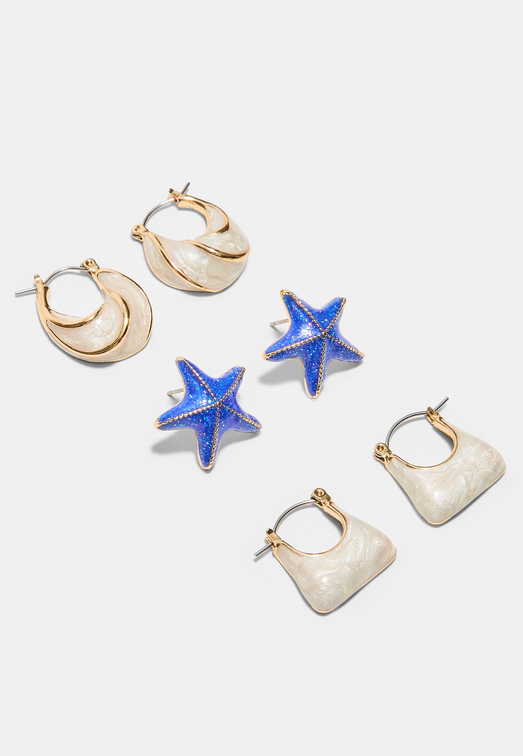 Set of 3 enamel star and hoop earrings — Blue