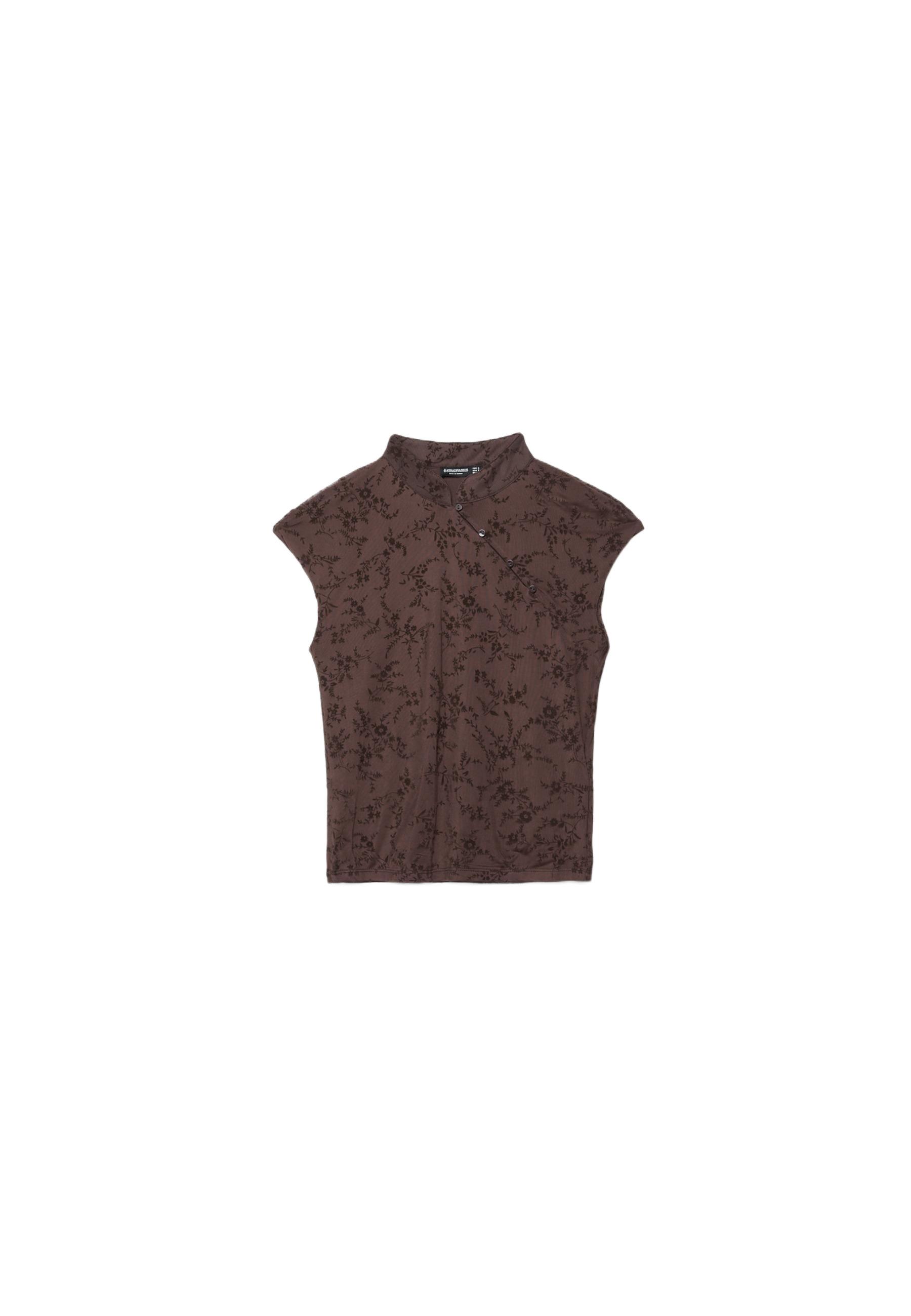 Flocked stand collar T-shirt — Brown