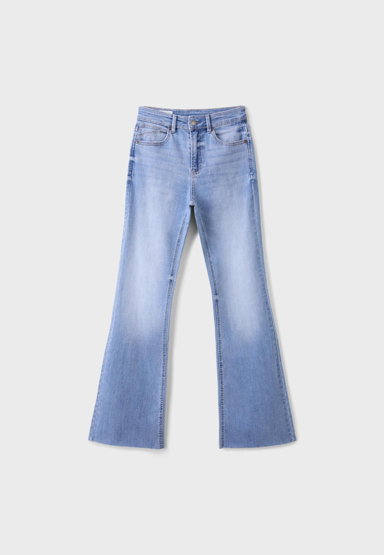 D74 stretch bell bottom jeans with slit — MEDIUM LIGHT BLUE DENIM