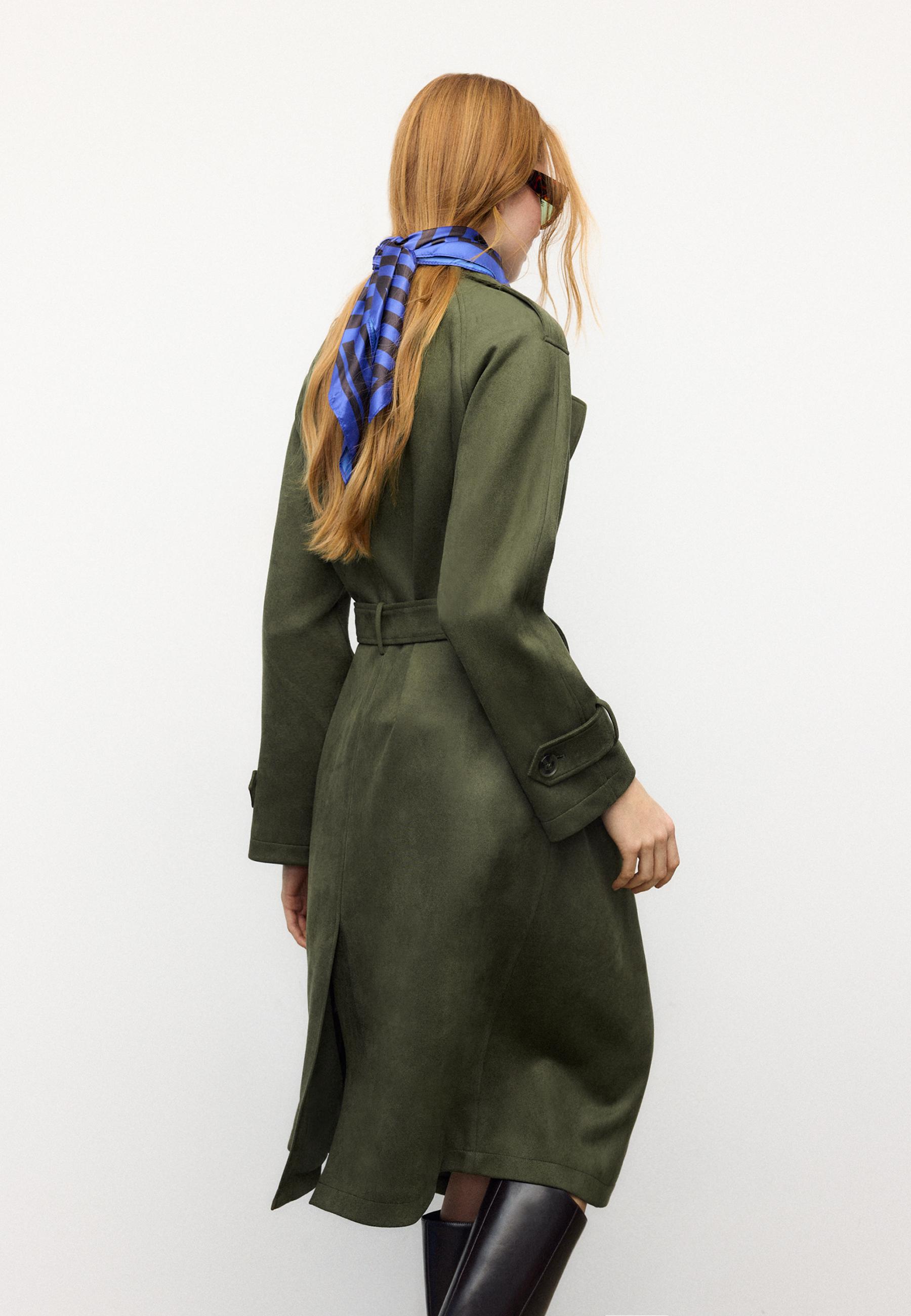 Long faux suede trench coat — Olive green