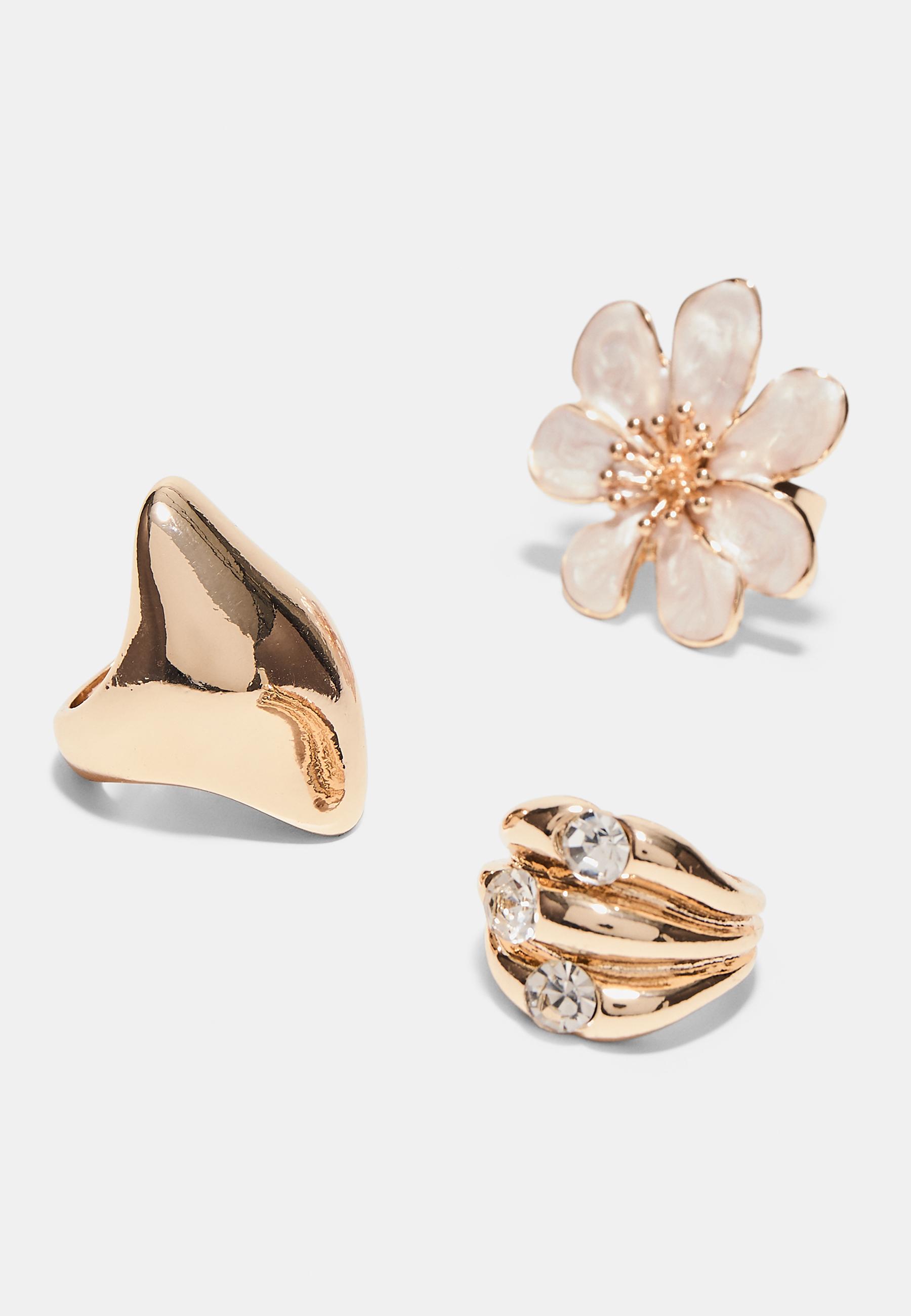 Set of 3 enamelled flower rings — Gold