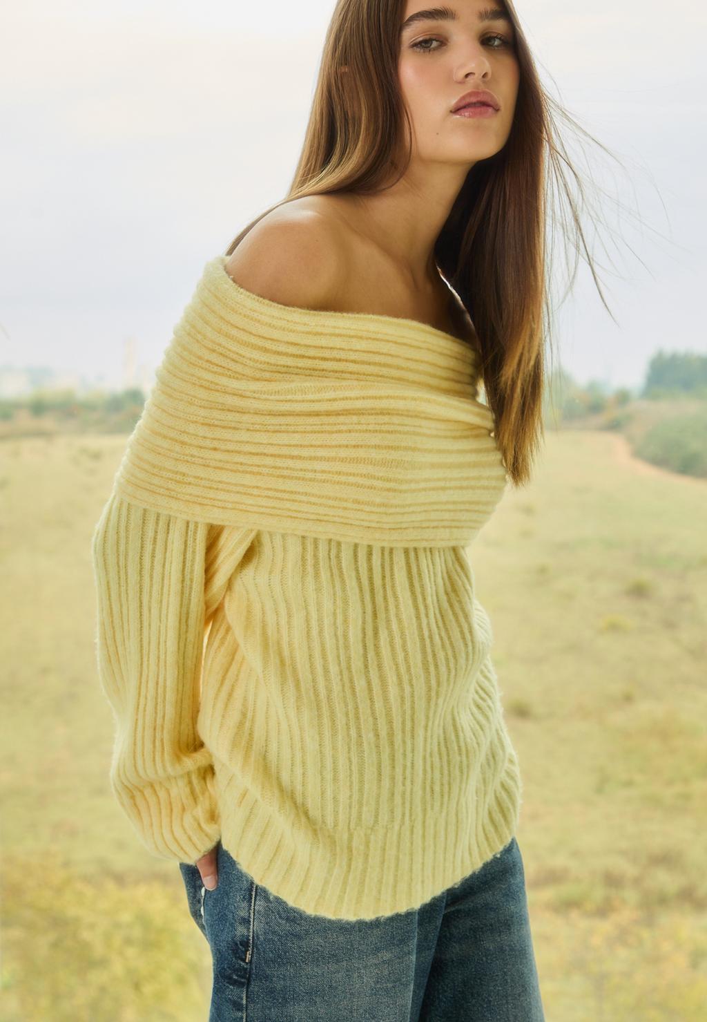 Asymmetric knit off-the-shoulder sweater