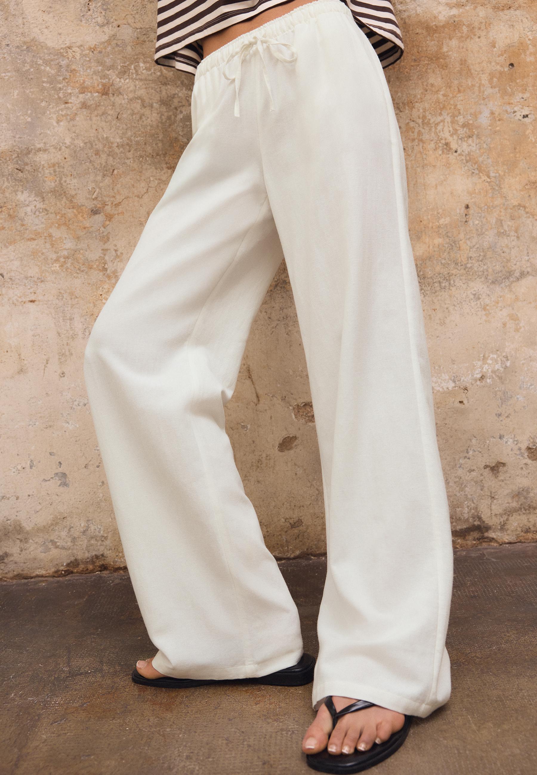 Linen-effect drawstring trousers — White